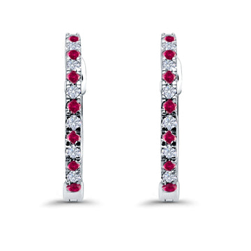 Hoop Earrings Half Eternity Round Simulated Ruby Cubic Zirconia 925 Sterling Silver (14mm)